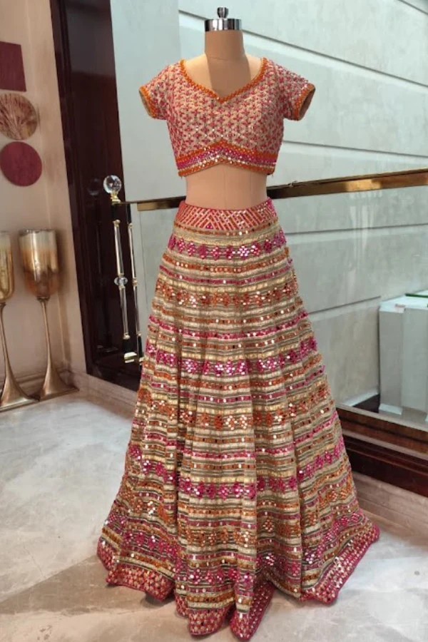 Abhinav Mishra Peach Mirror-Work Lehenga Set - Image 2