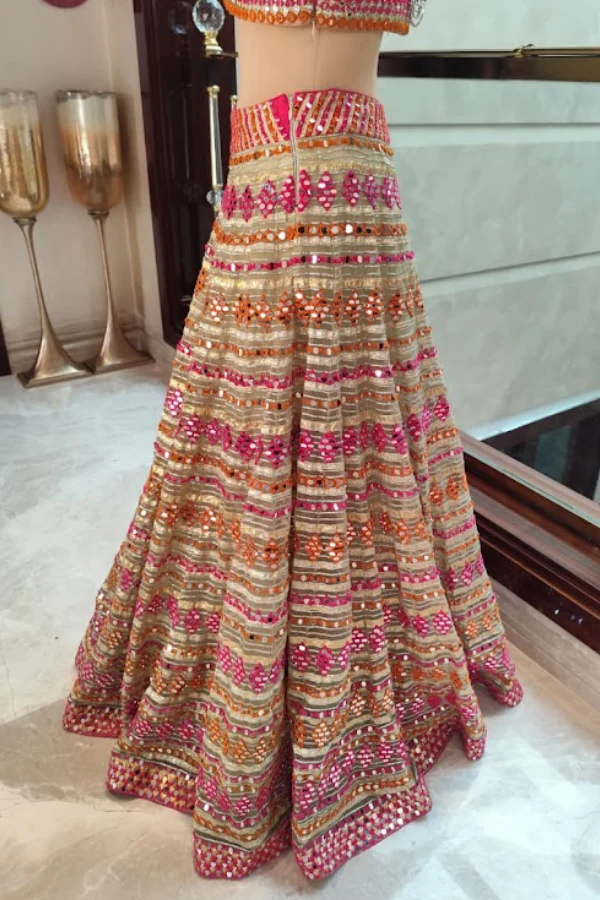Abhinav Mishra Peach Mirror-Work Lehenga Set - Image 4