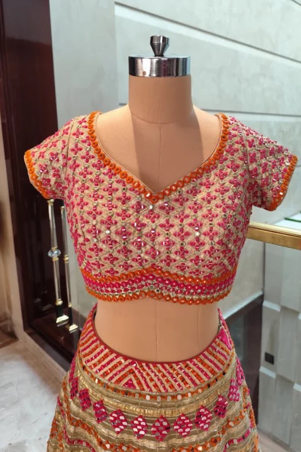 Abhinav Mishra Peach Mirror-Work Lehenga Set - Image 6