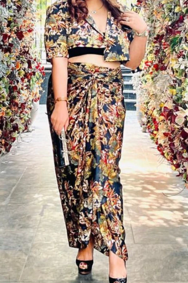 AK-Ok SILK PRINTED CROP TOP AND PRINTED DRAPED SILK SKIRT