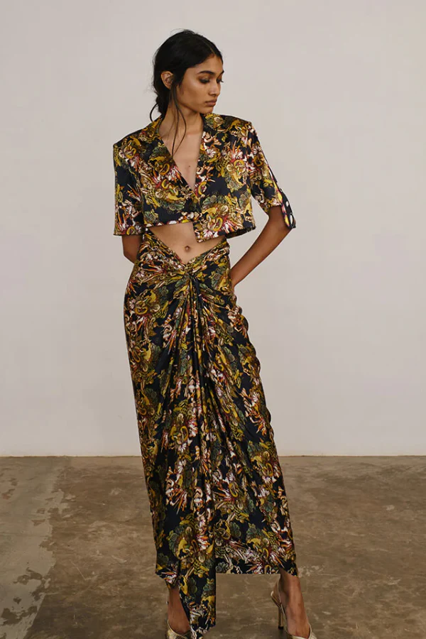 AK-Ok SILK PRINTED CROP TOP AND PRINTED DRAPED SILK SKIRT - Image 2