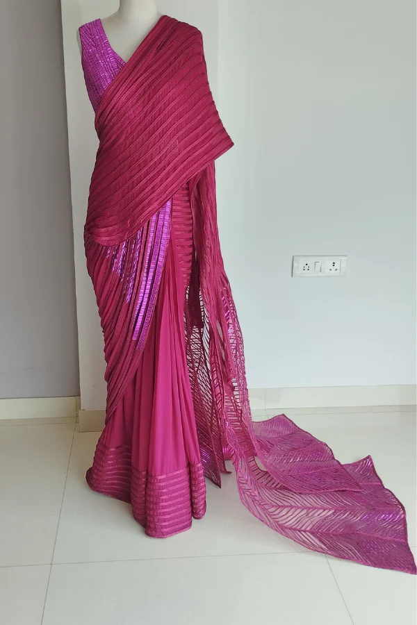Amit Agarwal Pink Draped Saree - Image 3