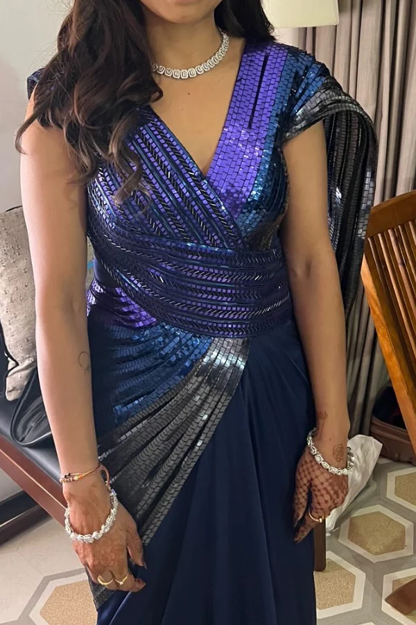 Amit Aggarwal Blue & Black Pre-Draped Saree Set - Image 2