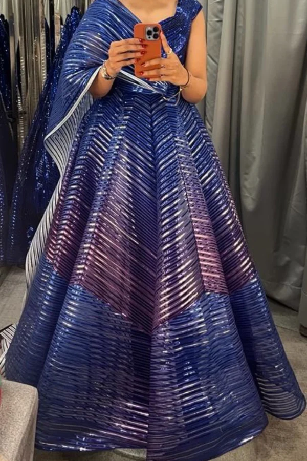 AMIT AGGARWAL Blue Striped & Tulle Lehenga Set - Image 4
