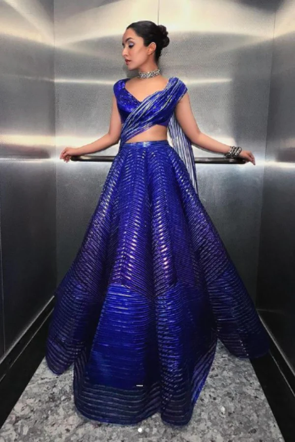 AMIT AGGARWAL Blue Striped & Tulle Lehenga Set - Image 3