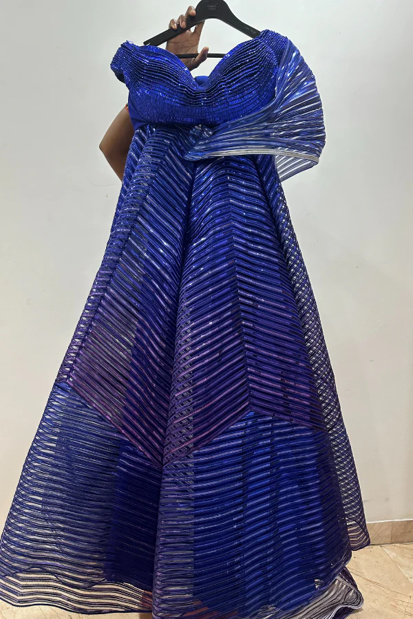 AMIT AGGARWAL Blue Striped & Tulle Lehenga Set - Image 4