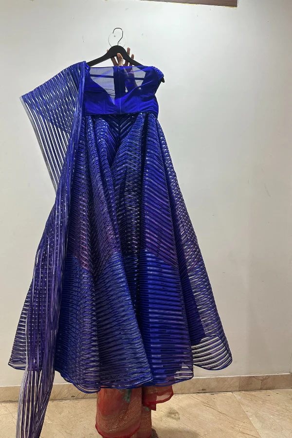 AMIT AGGARWAL Blue Striped & Tulle Lehenga Set - Image 5