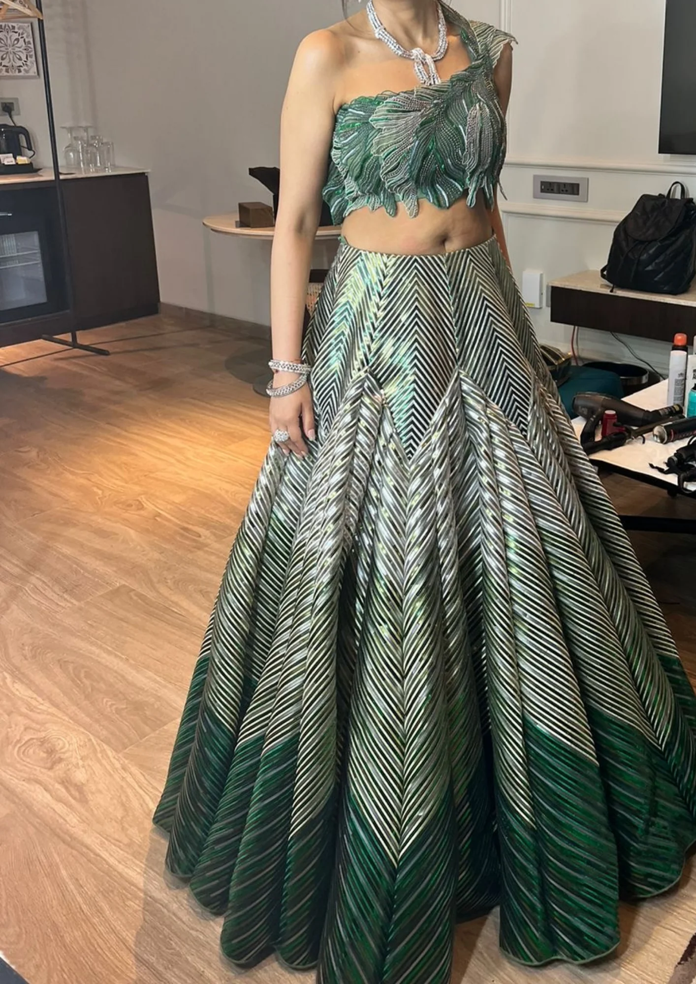 Amit Aggarwal Emerald Green & Pista Green Layered Lehenga Set - Image 3