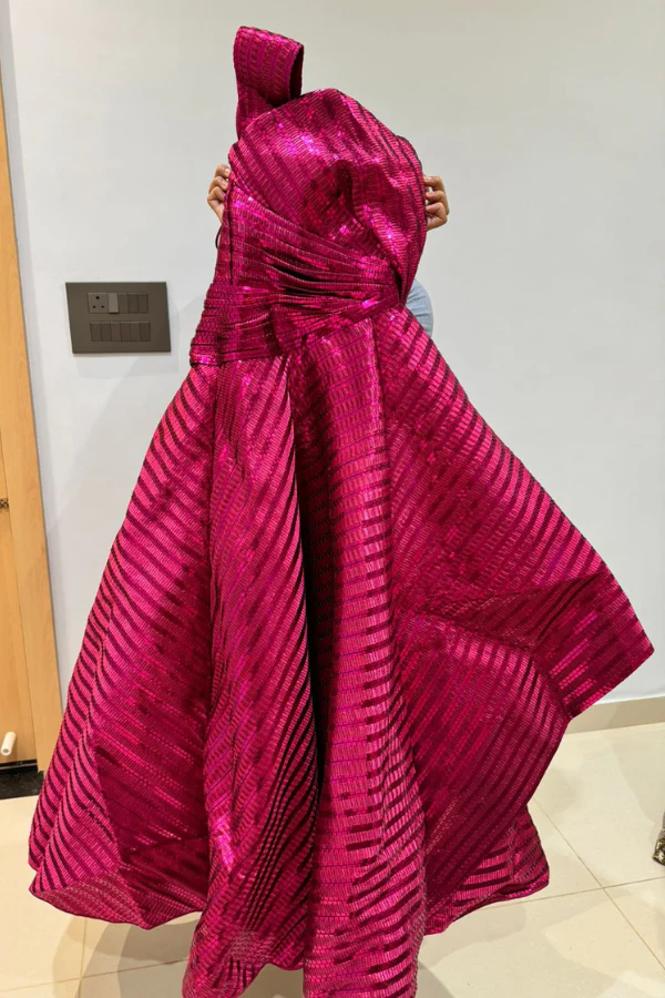 Amit Aggarwal Fuchsia Hand Woven Metallic Textile Draped Gown - Image 3