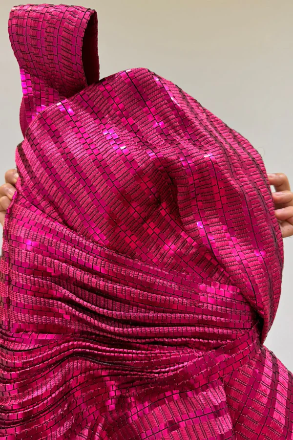 Amit Aggarwal Fuchsia Hand Woven Metallic Textile Draped Gown - Image 4