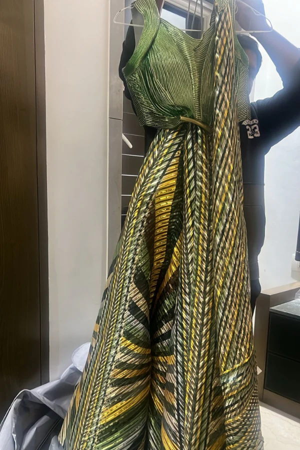 Amit Aggarwal Green Striped Metallic Lehenga Set - Image 4