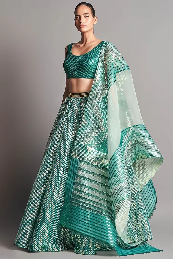 AMIT AGGARWAL Green Striped Structured Lehenga Set - Image 2
