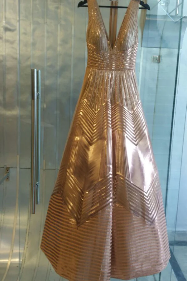 Amit Aggarwal Rose Gold Structured Metallic Gown - Image 2