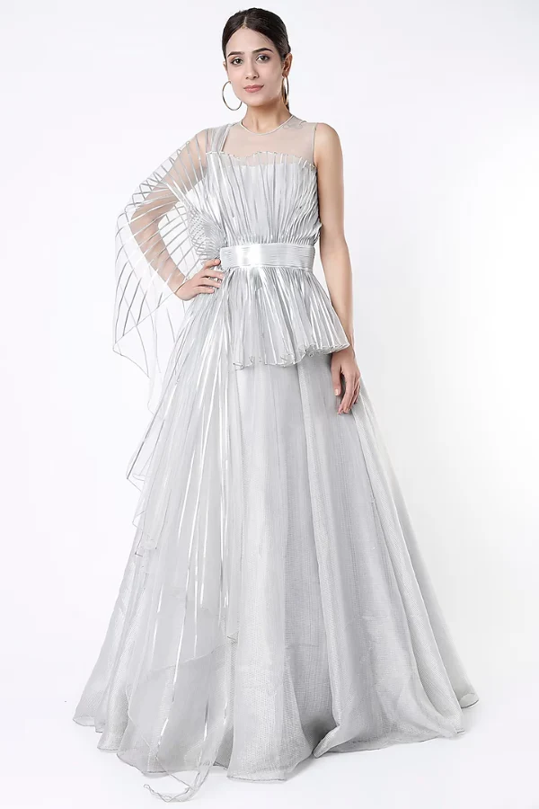AMIT AGGARWAL Silver Striped Gown With Belt