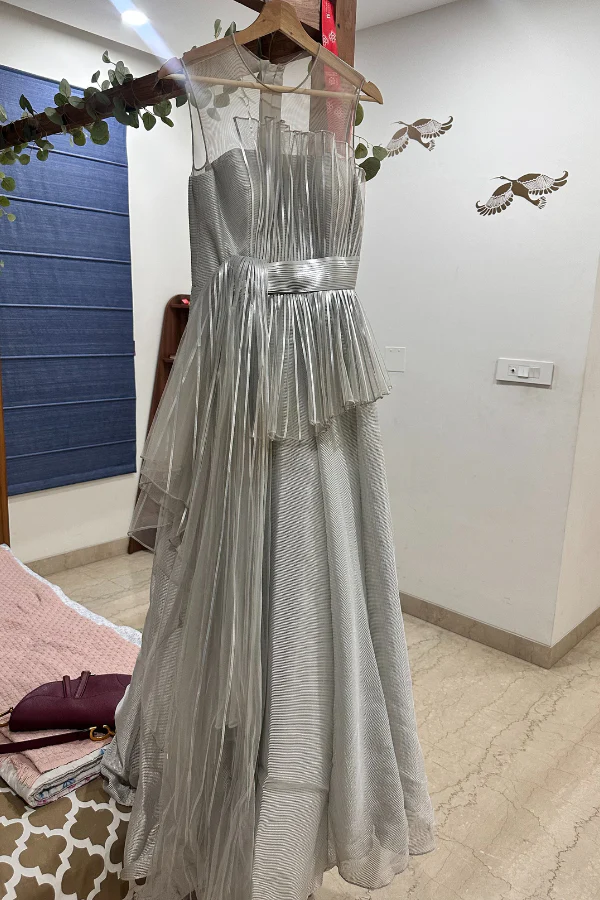 AMIT AGGARWAL Silver Striped Gown With Belt - Image 3
