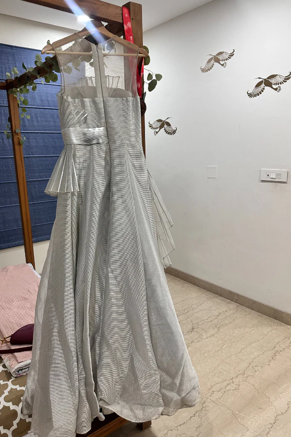 AMIT AGGARWAL Silver Striped Gown With Belt - Image 4