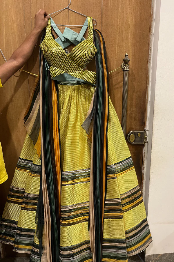 AMIT AGGARWAL Yellow Striped Gathered Lehenga Set - Image 2