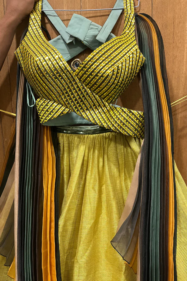 AMIT AGGARWAL Yellow Striped Gathered Lehenga Set - Image 3
