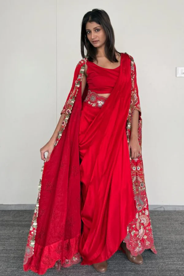 Anamika Khanna Red Floral Embroidered Cape Set - Image 2