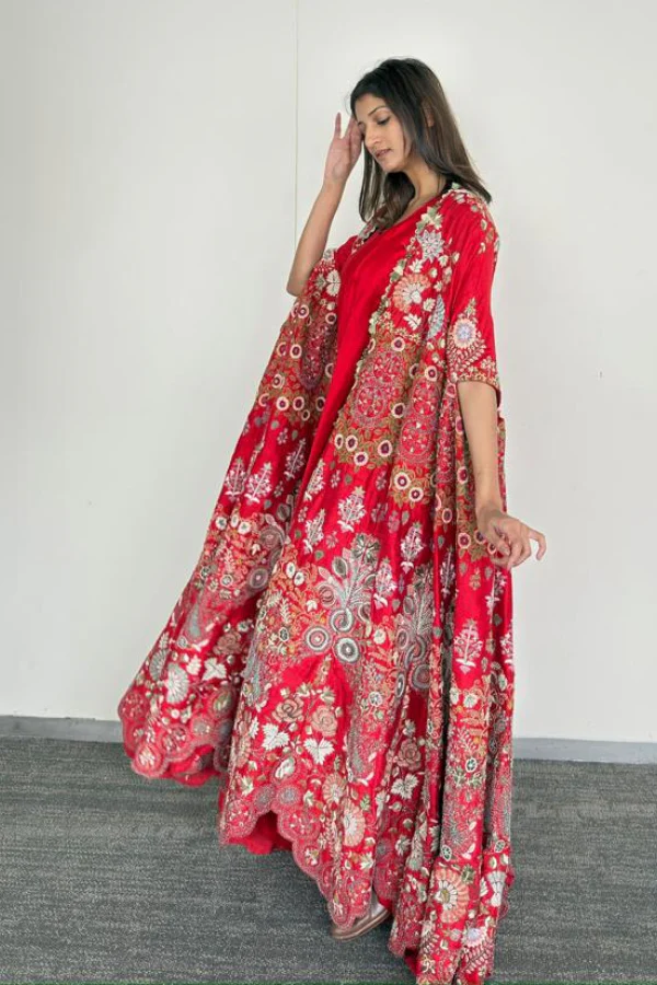 Anamika Khanna Red Floral Embroidered Cape Set - Image 3