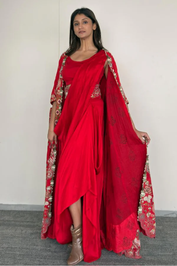 Anamika Khanna Red Floral Embroidered Cape Set - Image 6