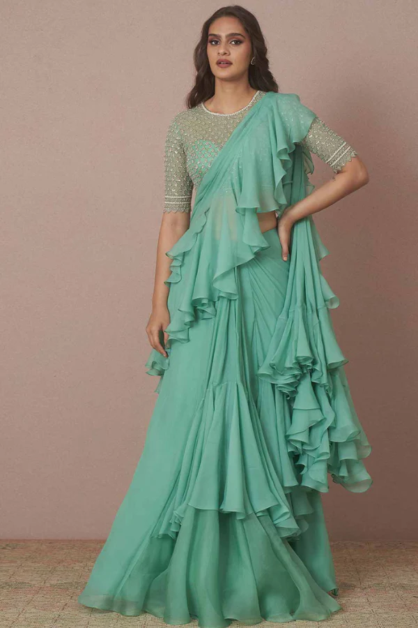 Anushree Reddy Teal Green Ruffle Saree