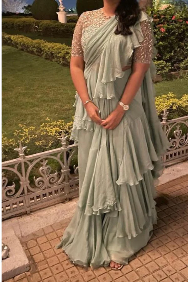 Anushree Reddy Teal Green Ruffle Saree - Image 2