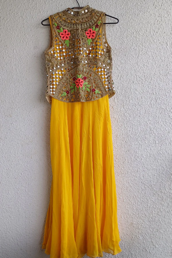 Arpita mehta Mango yellow gown with mirror work jacket - Image 2