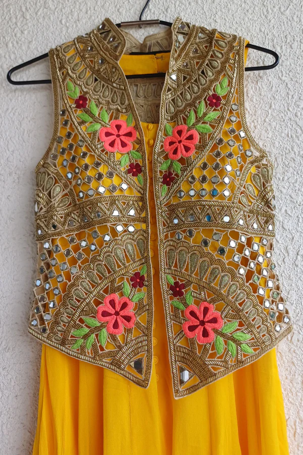 Arpita mehta Mango yellow gown with mirror work jacket - Image 3