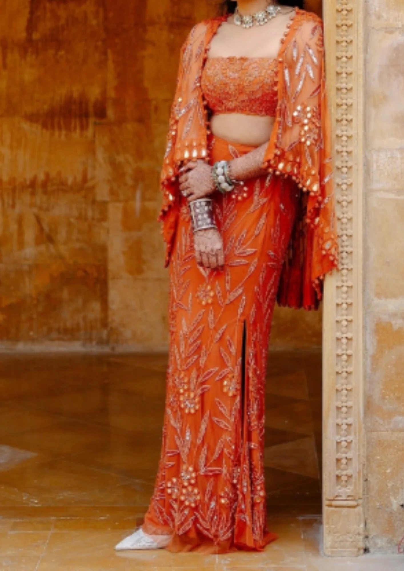 Arpita Mehta Toasted Orange Hand Embroidered Skirt, Blouse and Cape Set - Image 2