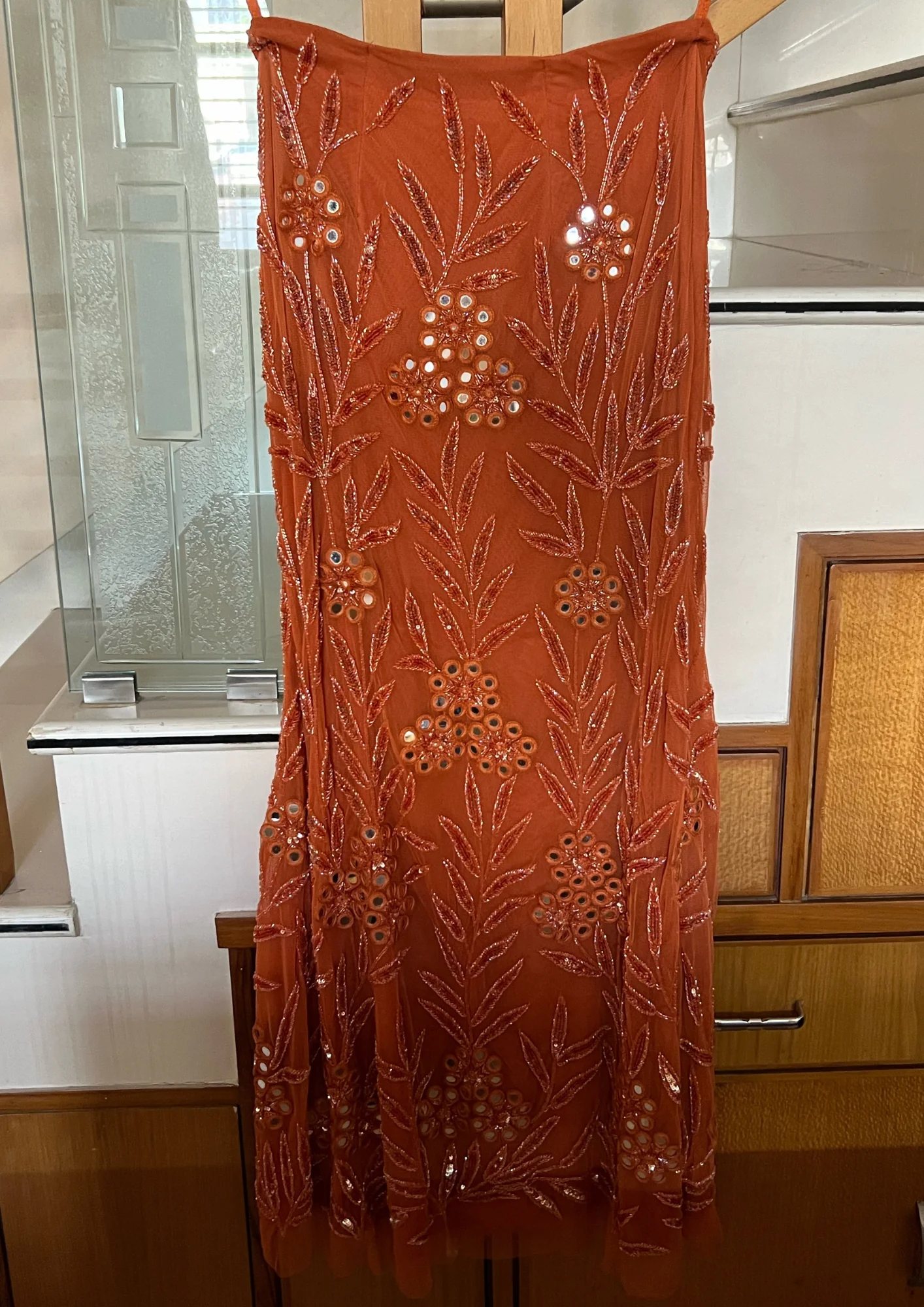 Arpita Mehta Toasted Orange Hand Embroidered Skirt, Blouse and Cape Set - Image 3