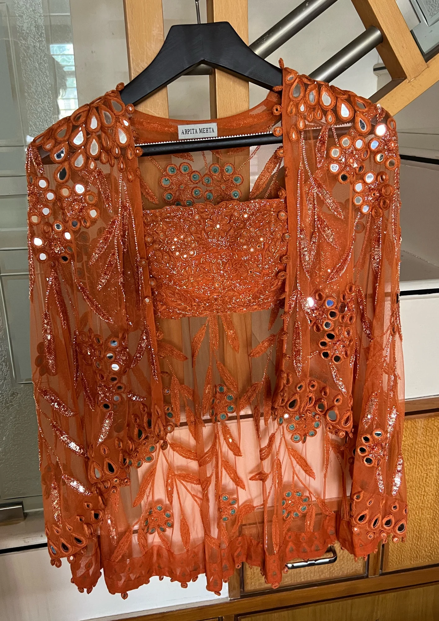 Arpita Mehta Toasted Orange Hand Embroidered Skirt, Blouse and Cape Set - Image 4