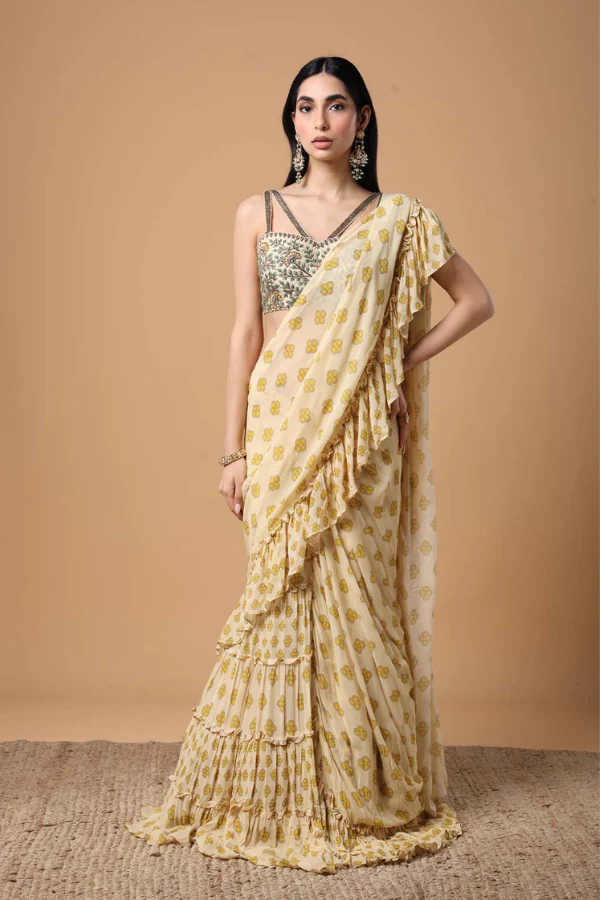 Arpita Mehta yellow pint ruffle saree set - Image 2