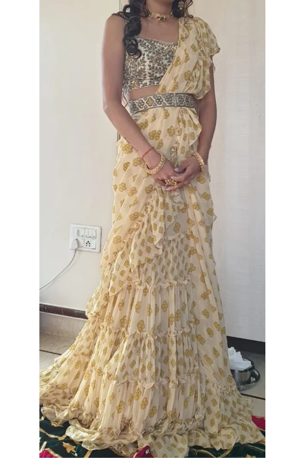 Arpita Mehta yellow pint ruffle saree set - Image 3