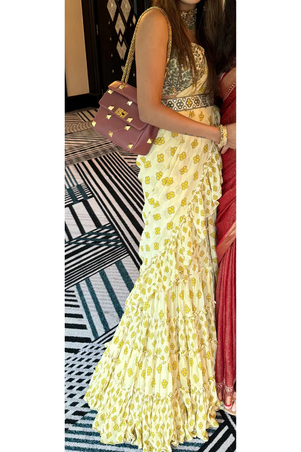 Arpita Mehta yellow pint ruffle saree set - Image 4