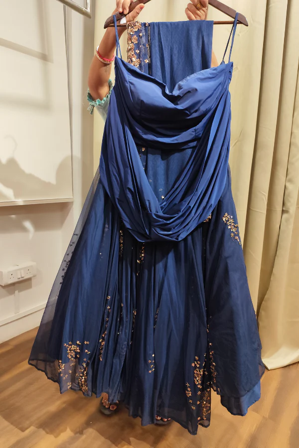 ASTHA NARANG Navy Blue Net Embroidered Lehenga Set - Image 5