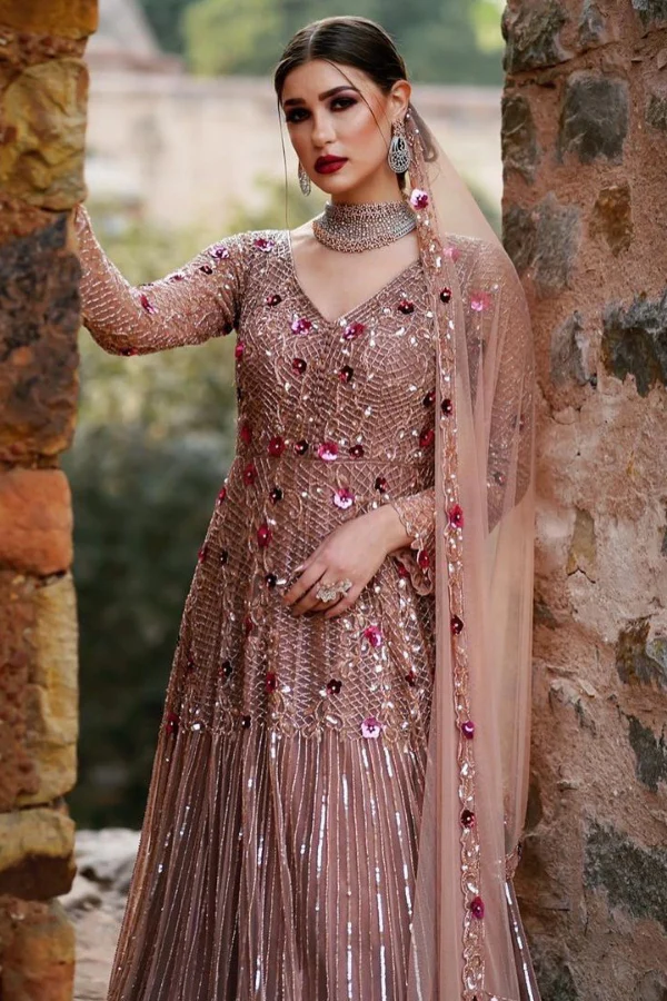 Beige 3D floral embellished gown
