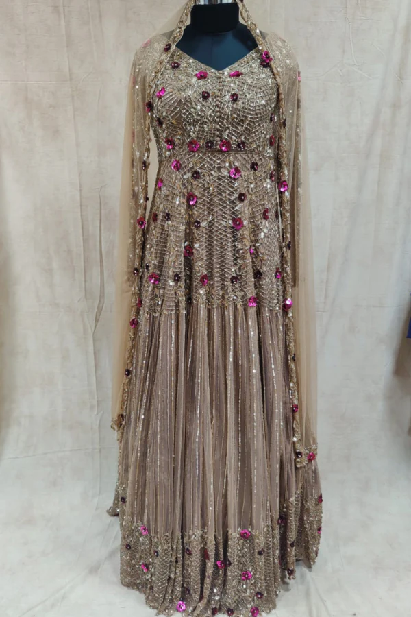 Beige 3D floral embellished gown - Image 2