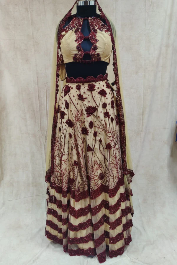 Beige and Maroon Embroidered Lehenga