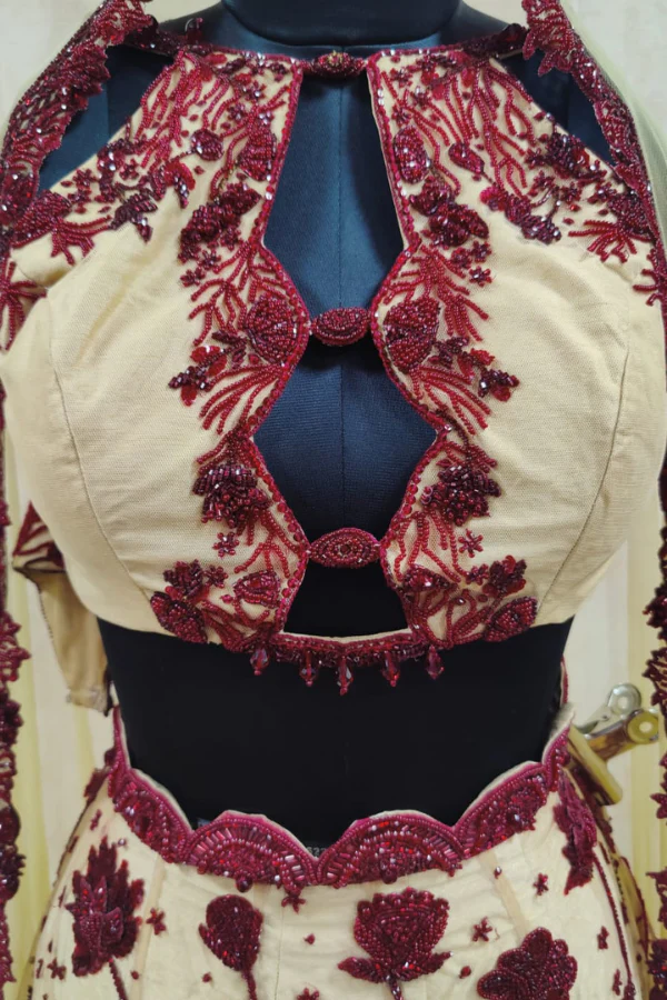 Beige and Maroon Embroidered Lehenga - Image 2