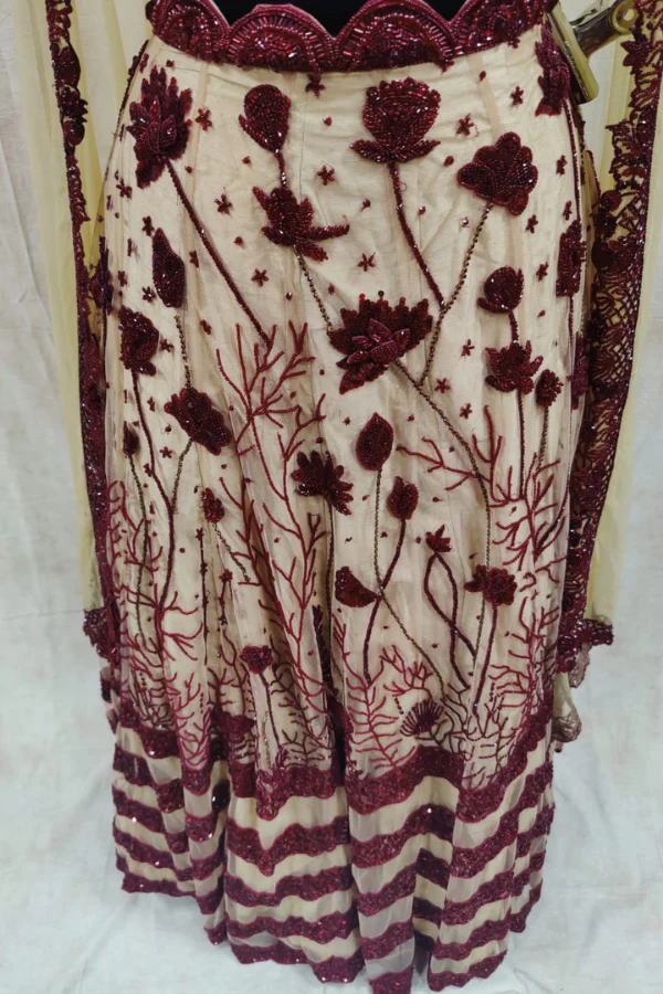 Beige and Maroon Embroidered Lehenga - Image 3