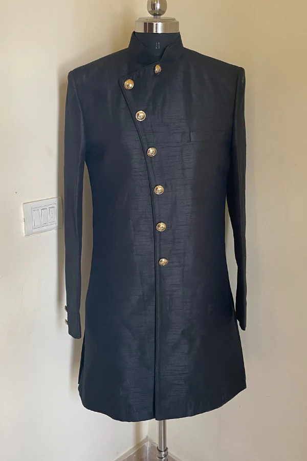 black achkan with gold buttons