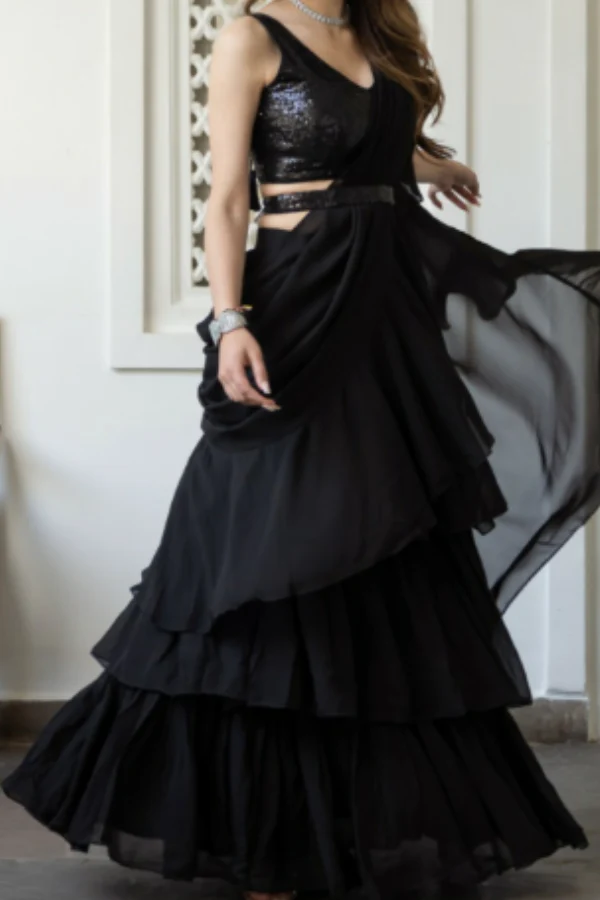 Black ruffle lehenga saree