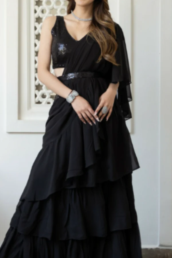 Black ruffle lehenga saree - Image 2