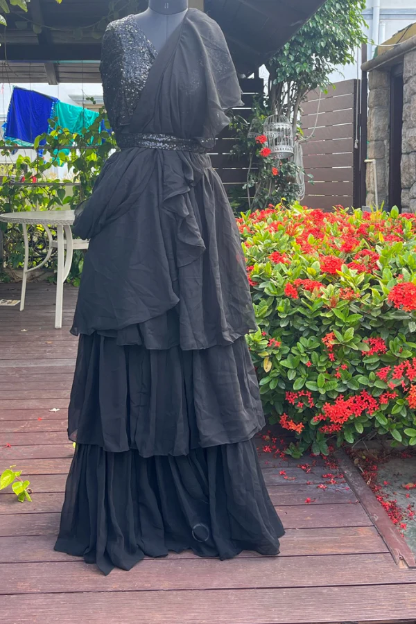 Black ruffle lehenga saree - Image 3