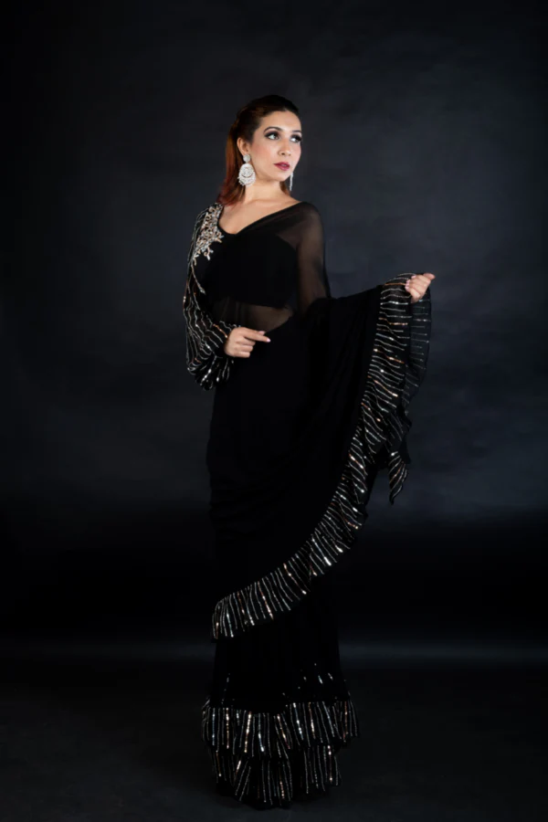 BLACK RUFFLE SAREE BLOUSE SET