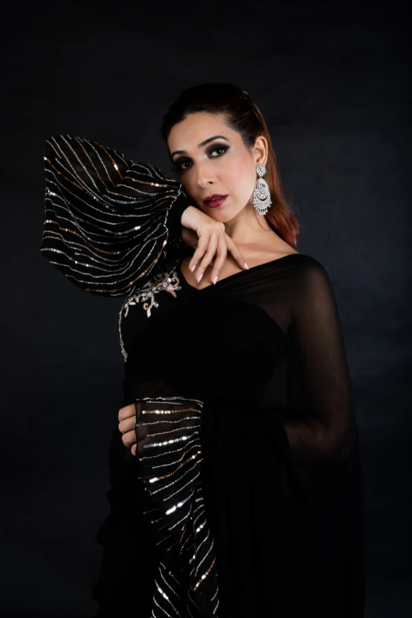 BLACK RUFFLE SAREE BLOUSE SET - Image 2