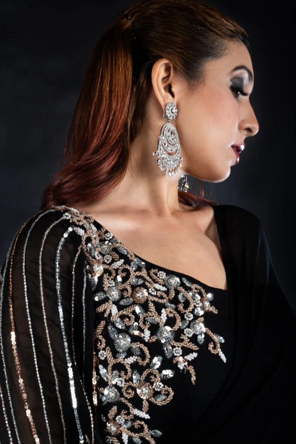 BLACK RUFFLE SAREE BLOUSE SET - Image 3