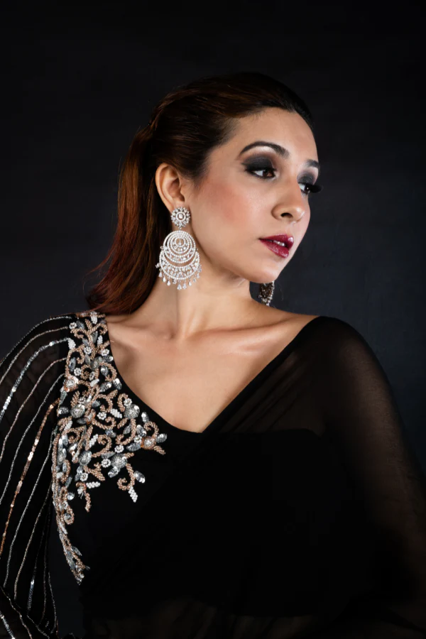 BLACK RUFFLE SAREE BLOUSE SET - Image 4