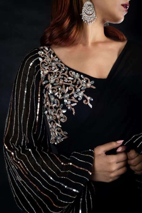 BLACK RUFFLE SAREE BLOUSE SET - Image 5